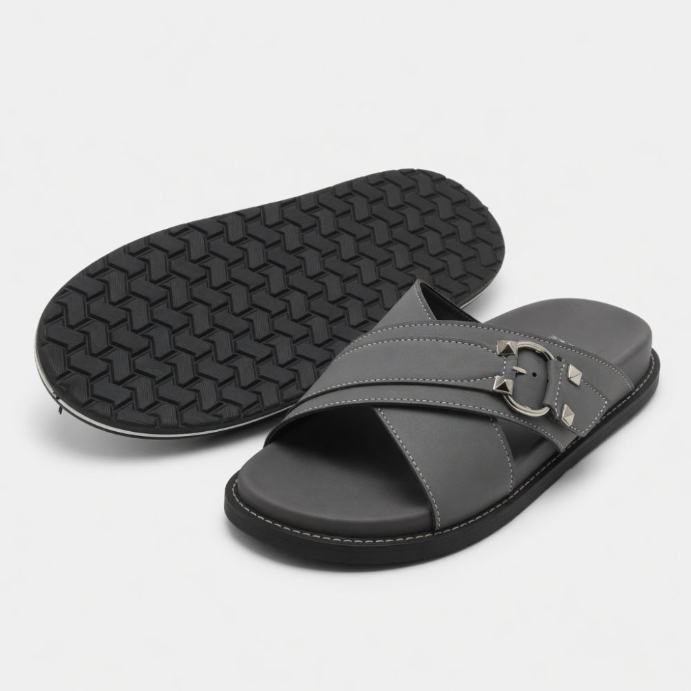 Classic Grey Cross Strap Slide Sandals with Metal Ring Accent